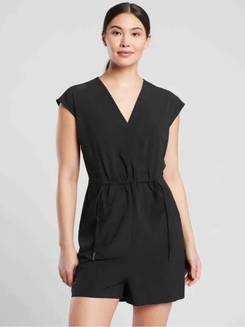 Athleta Black V-Neck Short Sleeve Drawstring Romper